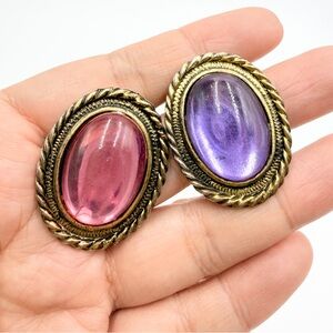 Vintage Oval Cabochon Earrings Pink & Purple Glass Gold Tone